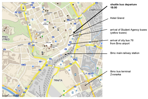 Map of centre of Brno with shuttle bus departure information